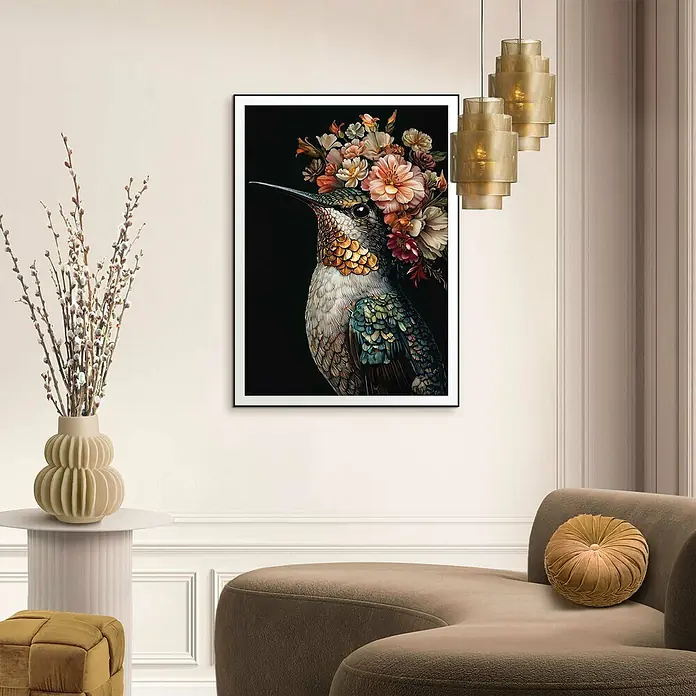 Reinders Bild Slim Frame Black - Lovely Hummingbird, B x H: 50 x 70 cm - Ein gerahmtes Gemälde eines Kolibris mit Blumenkrone vor dunklem Hintergrund, ein elegantes Kunstwerk für moderne Wohnräume.