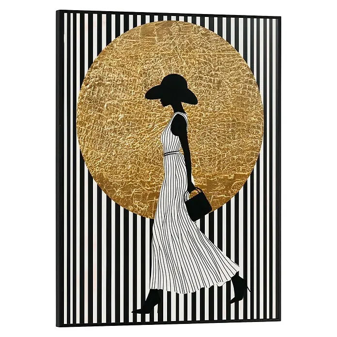 Reinders Bild Slim Frame Black - Walking Lady, B x H: 30 x 40 cm - Elegante Kunst: Silhouette einer Frau mit Hut vor einem goldenen Kreis und schwarz-weißen Streifen.