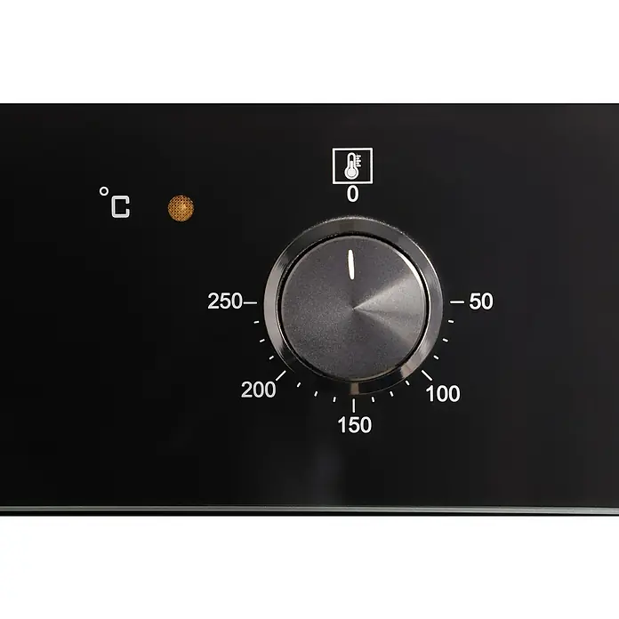 Respekta Einbauherd-Set Julius AB701-19 + Alex KM4295l-28 - Anzahl Beheizungsarten: 10 Stk., Schwarz - Nahaufnahme eines Ofens mit Temperaturregler. Der Temperaturregler zeigt 0 Grad Celsius an.