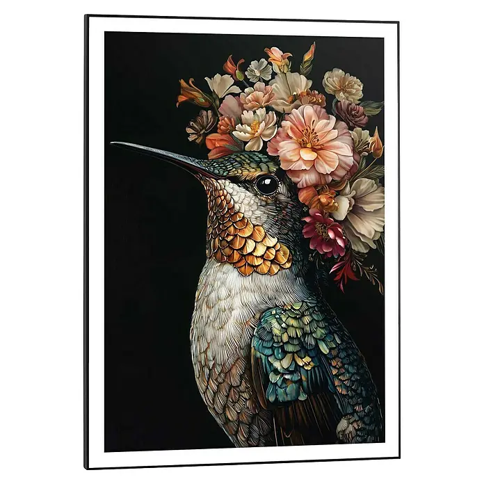 Reinders Bild Slim Frame Black - Lovely Hummingbird, B x H: 50 x 70 cm - Dieses fesselnde Bild zeigt einen Kolibri mit Blumenkrone, ein detailreiches Kunstwerk mit lebendigen Farben auf tiefschwarzem Hintergrund.