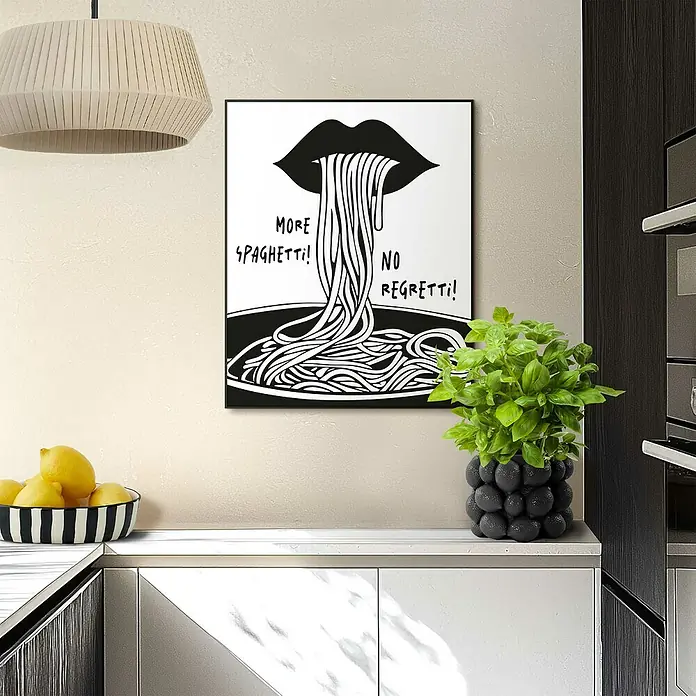 Reinders Bild Slim Frame Black - More Spaghetti, B x H: 40 x 50 cm - Dieses moderne Küchenbild zeigt ein abstraktes Spaghetti-Motiv mit dem Schriftzug "More Spaghetti! No Regretti!". Eine trendige Wanddekoration.