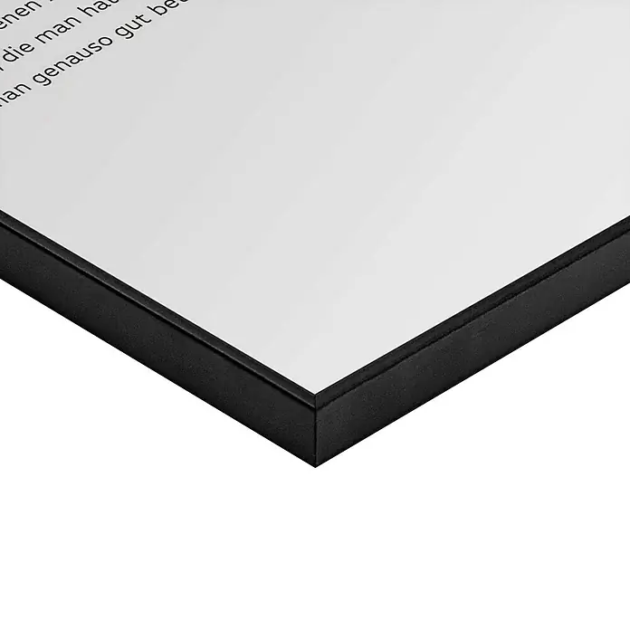 Reinders Bild Slim Frame Black - Schnapsidee, B x H: 30 x 40 cm - Nahaufnahme einer schwarzen Bilderrahmen-Ecke mit weißem Inhalt.