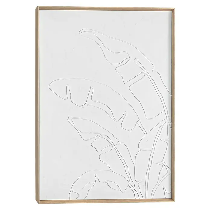 Reinders Bild Craft Art - Palm Leafs, B x H: 50 x 70 cm - Elegantes weißes Wandkunstwerk mit einem stilisierten Bananenblattmotiv in einem schlichten Holzrahmen, das eine moderne und ruhige Atmosphäre schafft.