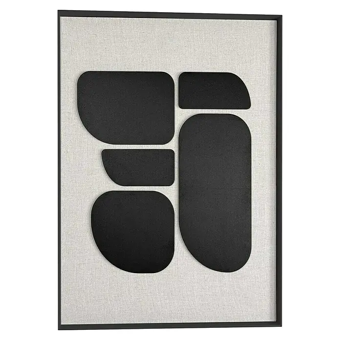 Reinders Bild Relief Art - Organic Blocks Schwarz, B x H: 50 x 70 cm - Schwarze, abstrakte Wandkunst mit geometrischen Formen auf strukturiertem, beigem Hintergrund, gerahmt in einem schlichten, schwarzen Rahmen.