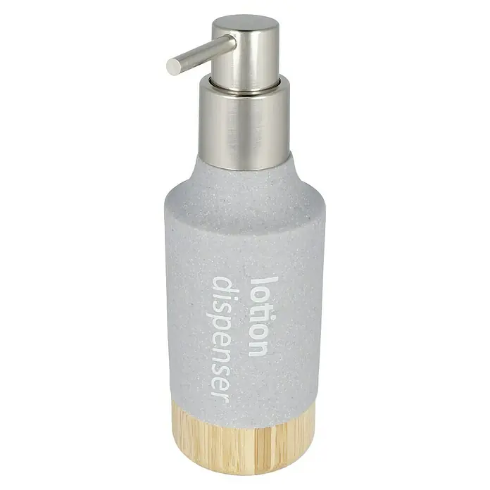Venus Cooper Seifenspender - Polyresin, Grau - Grauer Seifenspender mit Bambusbasis und silbernem Pumpkopf. Text "Lotion Dispenser" auf der Vorderseite, elegant und funktional.
