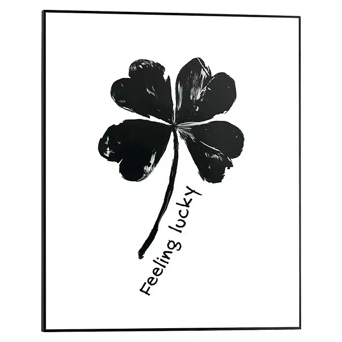 Reinders Bild Slim Frame Black - Feeling Lucky, B x H: 40 x 50 cm - Schwarzes Kleeblatt mit der Aufschrift "Feeling lucky" auf einem weißen Hintergrund, ein Symbol für Glück und positive Gefühle.