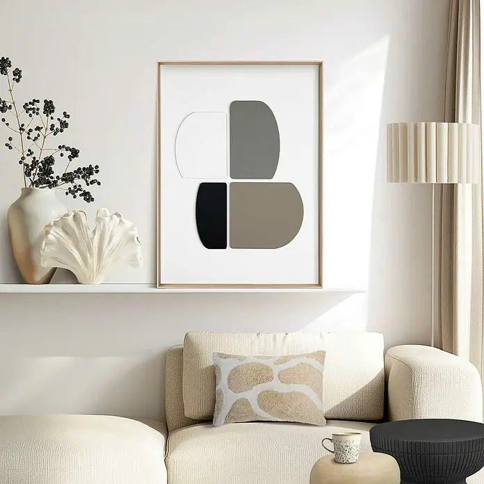 Reinders Bild Relief Art - Sculpted Sil, B x H: 50 x 70 cm - Modernes Wohnzimmer mit einem abstrakten Kunstwerk an der Wand, das das stilvolle Interieur hervorhebt.