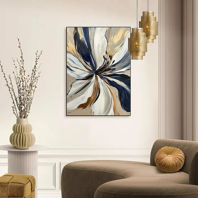 Reinders Bild Slim Frame Black - Glamour Flower, B x H: 50 x 70 cm - Elegantes abstraktes Blumenbild in einem stilvollen Wohnzimmer, das die moderne Ästhetik des Raumes hervorhebt.