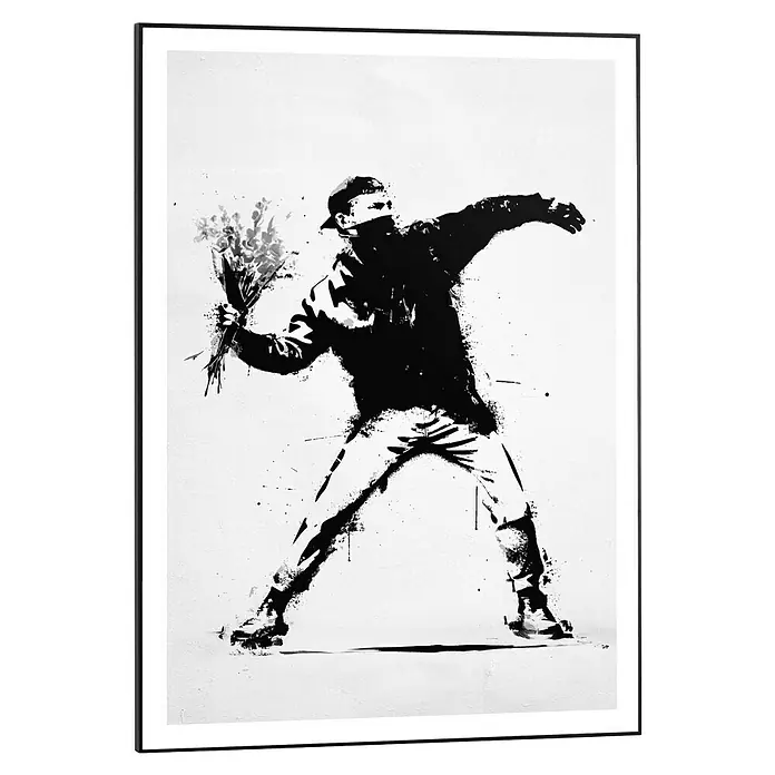 Reinders Bild Slim Frame Black - Flower Thrower, B x H: 50 x 70 cm - Banksy "Flower Thrower" Kunstdruck. Schwarze und weiße Graffiti-Kunst, ideal für moderne Wohnräume und Kunstsammlungen.