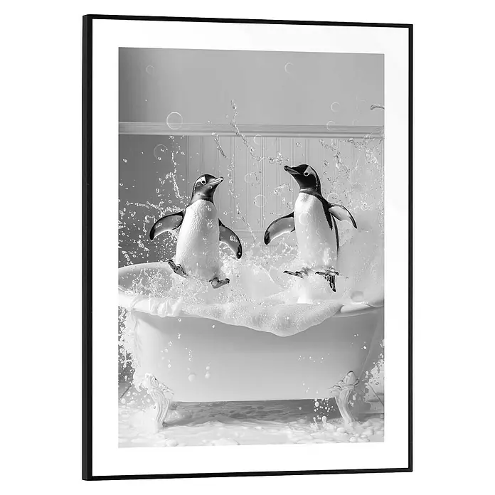 Reinders Bild Slim Frame Black - Penguin Party, B x H: 30 x 40 cm - Dieses gerahmte Bild zeigt zwei Pinguine, die in einer Badewanne mit viel Schaum herumtollen und dabei für spritziges Vergnügen sorgen.