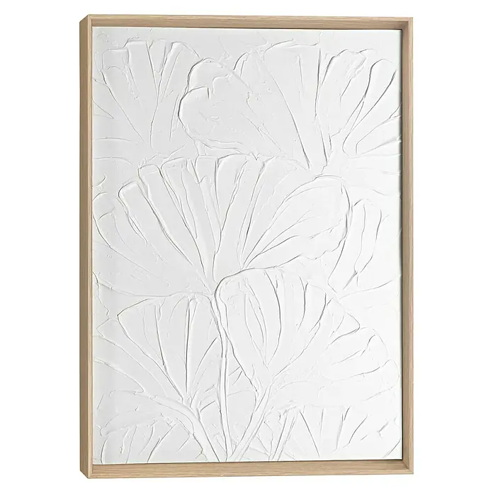 Reinders Bild Craft Art - Flowers, B x H: 30 x 40 cm - Weißes, strukturiertes Gemälde mit Pflanzenmotiven im Holzrahmen, das eine moderne und minimalistische Ästhetik in den Raum bringt.
