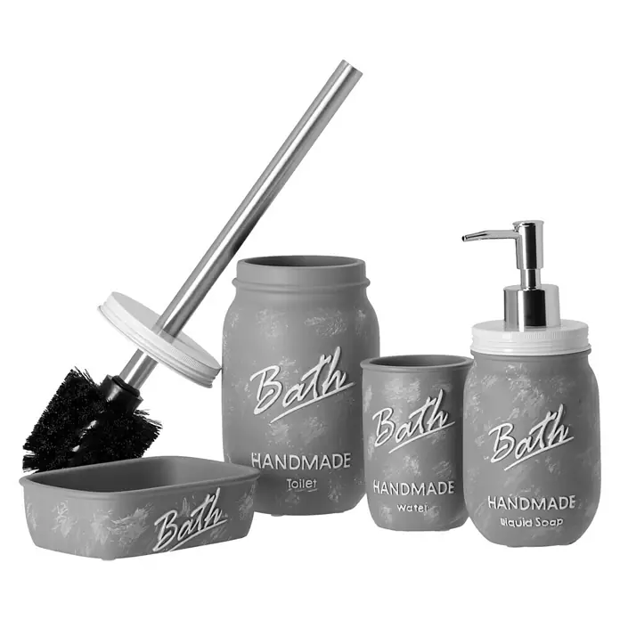 Venus Bath WC-Bürstengarnitur - Polyresin, Weiß/Grau - Bild eines Badezimmer-Sets mit Seifenspender, Becher, Seifenschale und Toilettenbürste im Mason Jar Design.