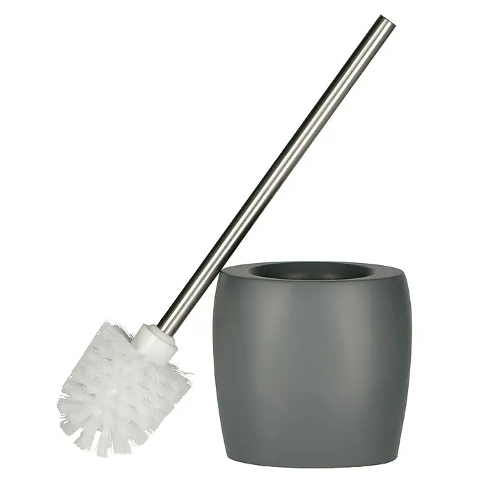 Venus Flakoni WC-Bürstengarnitur - Grau, Polyresin - Ein graues Toilettenbürsten-Set mit einer Bürste mit silberfarbenem Griff und weißen Borsten sowie einem passenden Halter.