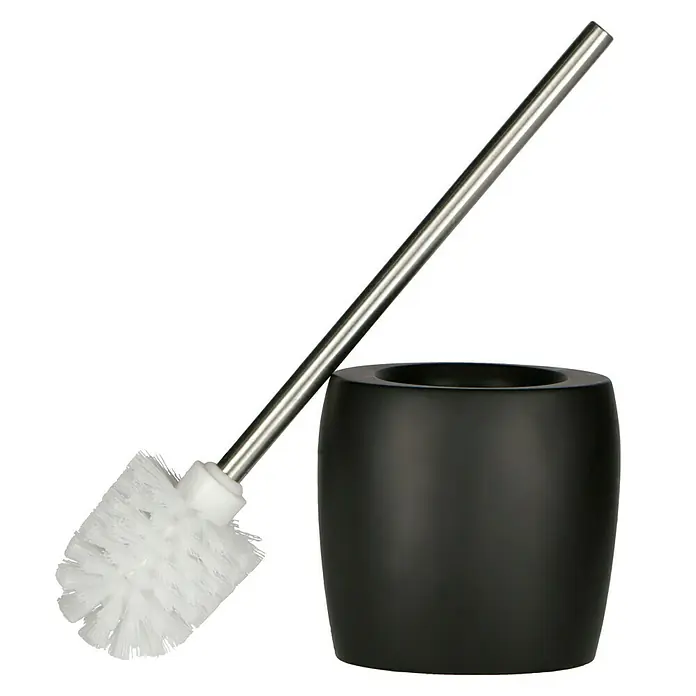 Venus Flakoni WC-Bürstengarnitur - Schwarz, Polyresin - Eine Toilettenbürste mit Halter. Die Bürste hat einen silberfarbenen Griff und weiße Borsten. Der Halter ist zylinderförmig und schwarz.