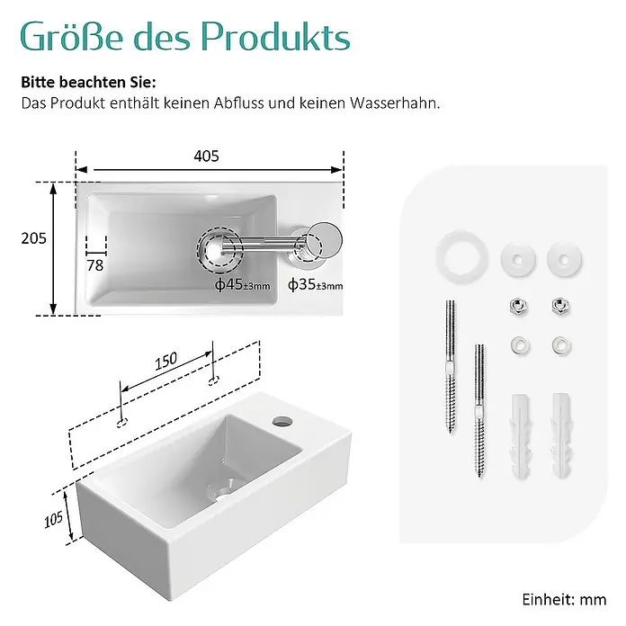 Emke Waschbecken Fresk - B x L: 20,5 x 40,5 cm, Hahnloch: Rechts, Ohne Überlauf, Weiß - Abbildung eines weißen Waschtischs mit Maßangaben und Zubehör, ohne Armatur und Ablauf.