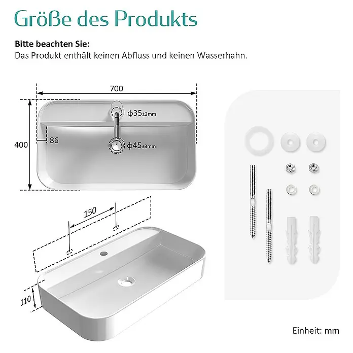 Emke Waschbecken Klyro - B x L: 40 x 70 cm, Hahnloch: Mitte, Ohne Überlauf, Weiß - Produktdetails: Waschbecken mit Maßen und Zubehör. Beachten Sie, dass kein Abfluss und Wasserhahn im Lieferumfang enthalten sind.