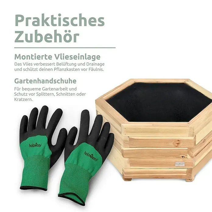 holz4home Pflanzkübel eckig - Holz - Garten-Zubehörset mit sechseckigem Hochbeet aus Holz und Gartenhandschuhen.