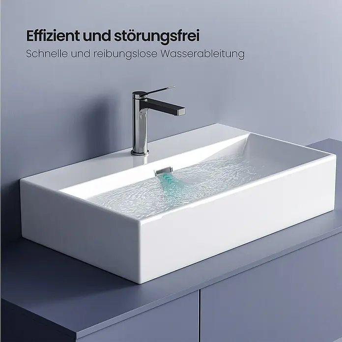 Emke Waschbecken Reinx - B x L: 36 x 51,5 cm, Hahnloch: Mitte, Mit Überlauf, Weiß - Waschbecken mit Wasserhahn und Wasser. Effiziente und störungsfreie, schnelle und reibungslose Wasserableitung im modernen Badezimmer.