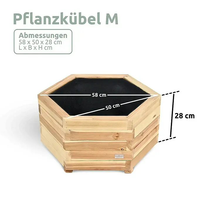 holz4home Pflanzkübel eckig - Holz - Ein sechseckiger Pflanzkübel M aus Holz mit den Maßen 58 x 50 x 28 cm, ideal für Garten und Terrasse.