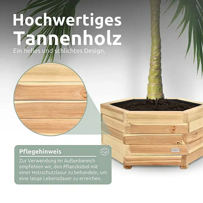 holz4home Pflanzkübel eckig - Holz - Abbildung eines sechseckigen Pflanzgefäßes aus Tannenholz, das sich ideal für den Innen- und Außenbereich eignet.