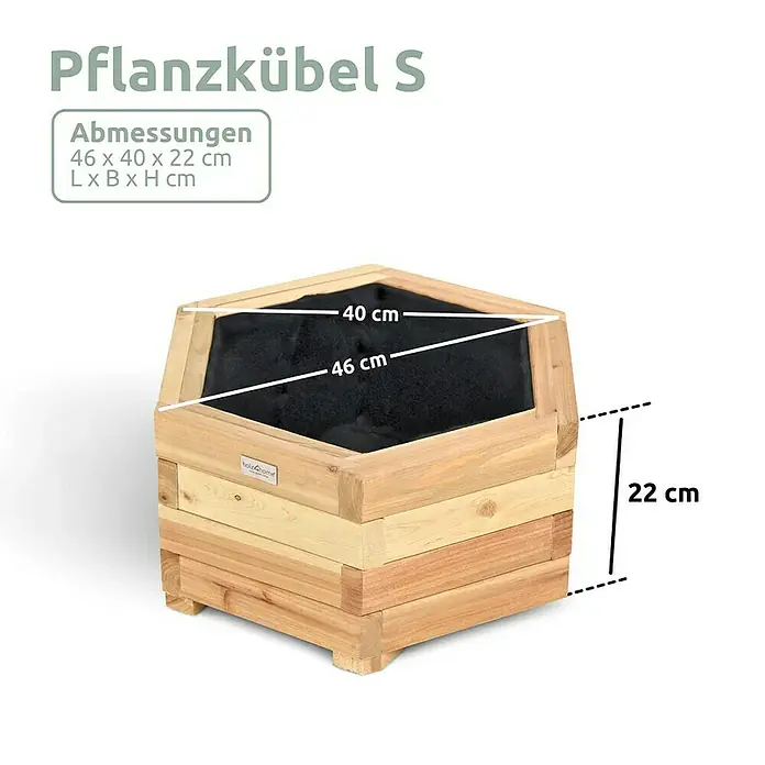 holz4home Pflanzkübel eckig - Holz - Abbildung eines Pflanzkübels S aus Holz mit den Maßen 46 x 40 x 22 cm (L x B x H) und einer dunklen Innenauskleidung.