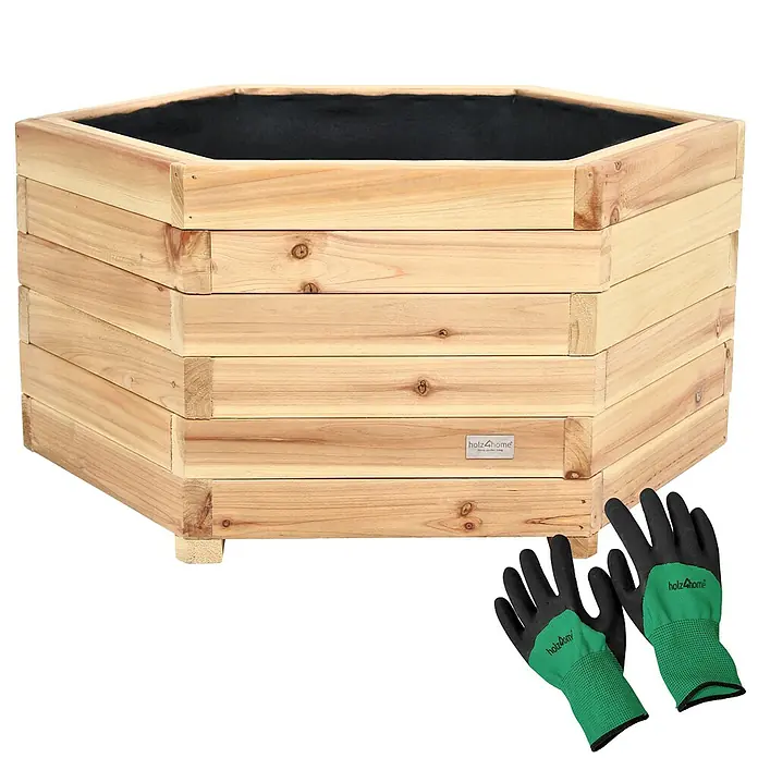 holz4home Pflanzkübel eckig - Holz - Abgebildeter sechseckiger Pflanzkasten aus Holz mit schwarzen Gartenhandschuhen.