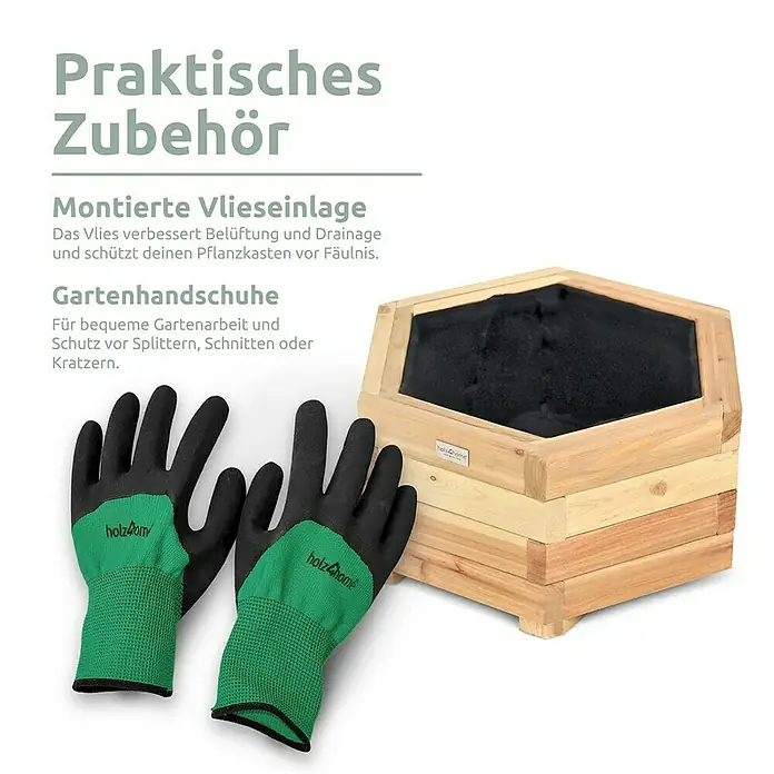 holz4home Pflanzkübel eckig - Holz - Bild von Gartenhandschuhen und einem sechseckigen Hochbeet aus Holz, ideal für die Gartenarbeit und zum Schutz vor Verletzungen.