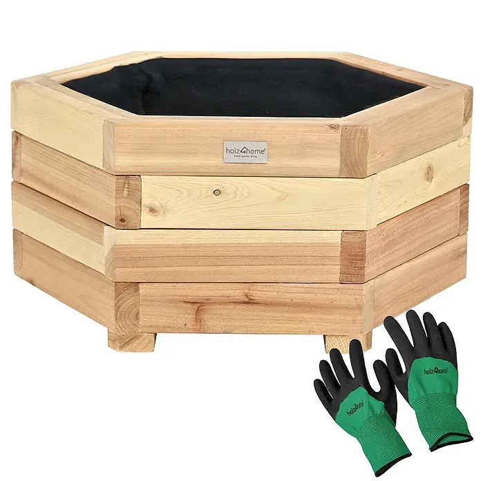 holz4home Pflanzkübel eckig - Holz - Holz4Home Hochbeet aus Zedernholz, sechseckig, mit schwarzen Gartenvlies und Gartenhandschuhe für den Garten- und Landschaftsbau.