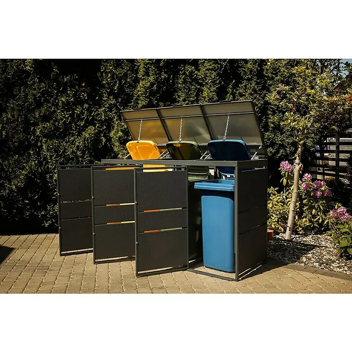 Mülltonnenbox Modern 120L - 236,6 x 70 cm, Stahl, Anthrazit, Geeignet für Anzahl Mülltonnen: 4 Stk. - Abfalltrennsystem mit drei Mülltonnen in Gelb, Grün und Blau, mit passender Umrandung, für die Abfalltrennung im Außenbereich.