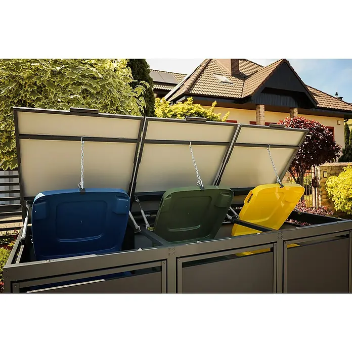 Mülltonnenbox Modern 120L - 236,6 x 70 cm, Stahl, Anthrazit, Geeignet für Anzahl Mülltonnen: 4 Stk. - Die Mülltonnenbox mit ihren drei farbigen Behältern bietet eine praktische und ordentliche Lösung für die Abfalltrennung im Außenbereich.