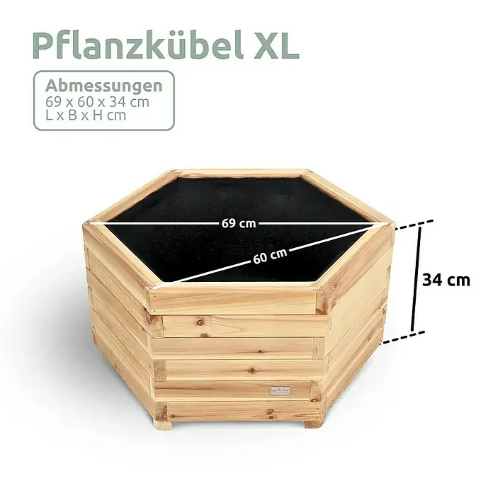 holz4home Pflanzkübel eckig - Holz - Bild eines sechseckigen Pflanzkübels XL aus Holz mit den Maßen 69 x 60 x 34 cm (L x B x H).