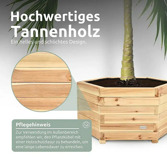 holz4home Pflanzkübel eckig - Holz - Produktbild eines sechseckigen Pflanzkübels aus hochwertigem Tannenholz, ideal für den Garten.