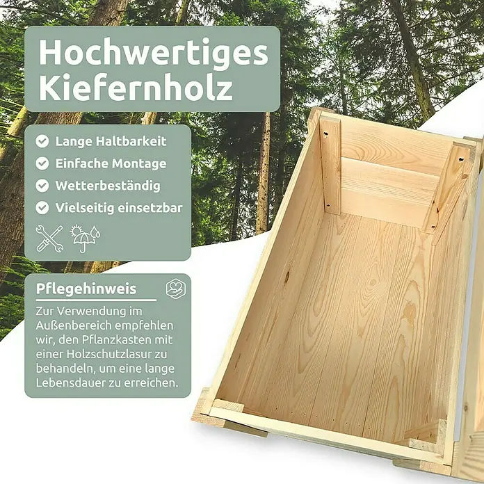 holz4home Pflanzkasten - Holz - Detailaufnahme eines Pflanzkastens aus hochwertigem Kiefernholz, ideal für den Außenbereich und mit Pflegehinweisen.