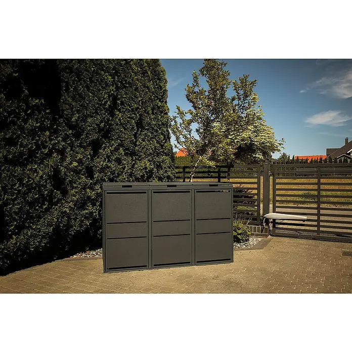 Mülltonnenbox Modern 120L - 236,6 x 70 cm, Stahl, Anthrazit, Geeignet für Anzahl Mülltonnen: 4 Stk. - Diese Aufnahme zeigt eine graue Mülltonnenbox, die sich durch ihr schlichtes Design perfekt in jeden Außenbereich einfügt.