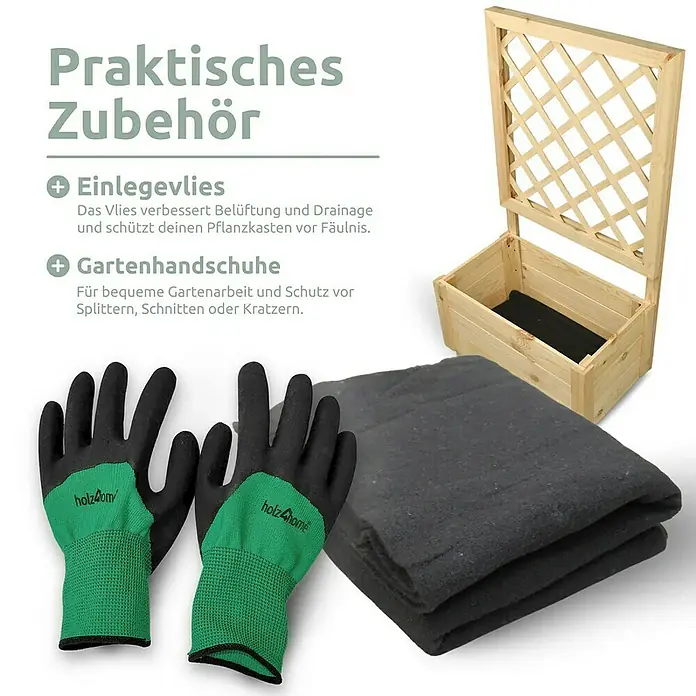 holz4home Pflanzkasten - Holz - Zubehörset für Gartenarbeit: Pflanzkasten mit Rankgitter, Einlegevlies und Gartenhandschuhe für komfortable und sichere Gartenarbeit.