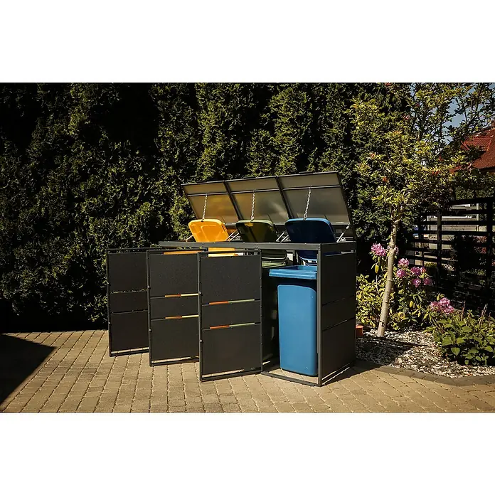Mülltonnenbox Modern 120L - 236,6 x 70 cm, Stahl, Anthrazit, Geeignet für Anzahl Mülltonnen: 4 Stk. - Abfallbehälter mit drei Fächern zur Mülltrennung im Freien, mit farbigen Deckeln und einer schützenden Verkleidung.