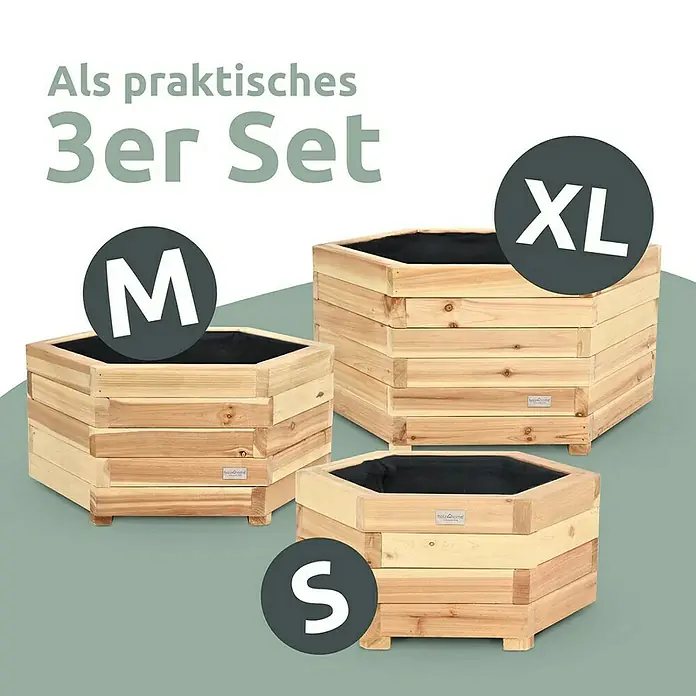 holz4home Pflanzkübel eckig - Holz - Das Bild zeigt ein 3er-Set sechseckiger Holzblumenkästen in den Größen S, M und XL, ideal für Gartenliebhaber.