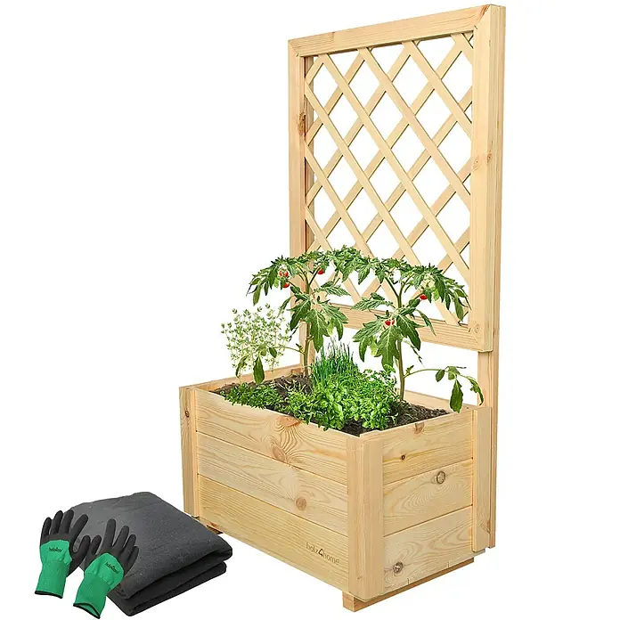 holz4home Pflanzkasten - Holz - Das Hochbeet mit Rankgitter ist ideal für Kräuter und Gemüse. Inklusive Unterlegvlies und Gartenhandschuhe.