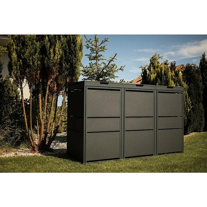 Mülltonnenbox Modern 120L - 236,6 x 70 cm, Stahl, Anthrazit, Geeignet für Anzahl Mülltonnen: 4 Stk. - Eine stilvolle, modulare Mülltonnenbox aus dunklem Metall, die sich perfekt in jeden Garten einfügt und für Ordnung sorgt.