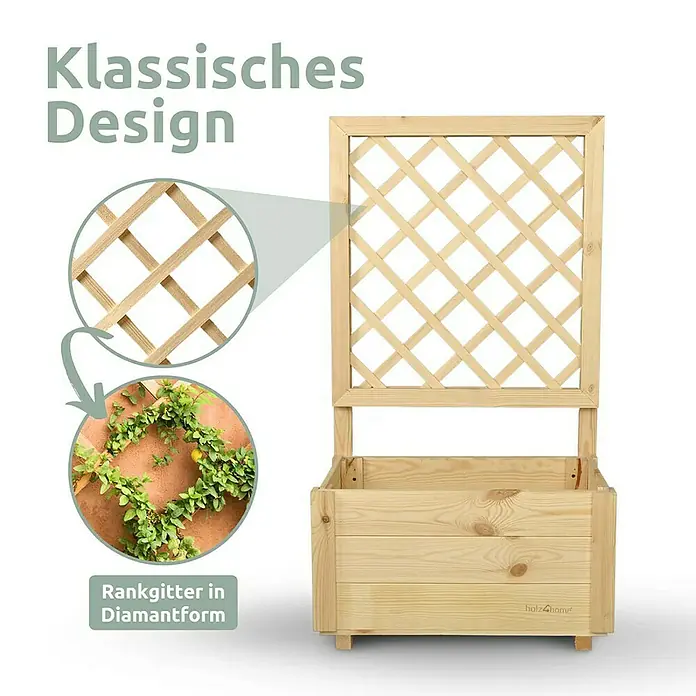 holz4home Pflanzkasten - Holz - Produktfoto: Ein klassisch gestalteter Pflanzkasten mit Rankgitter, ideal für Kletterpflanzen und zur Dekoration von Gärten und Terrassen.