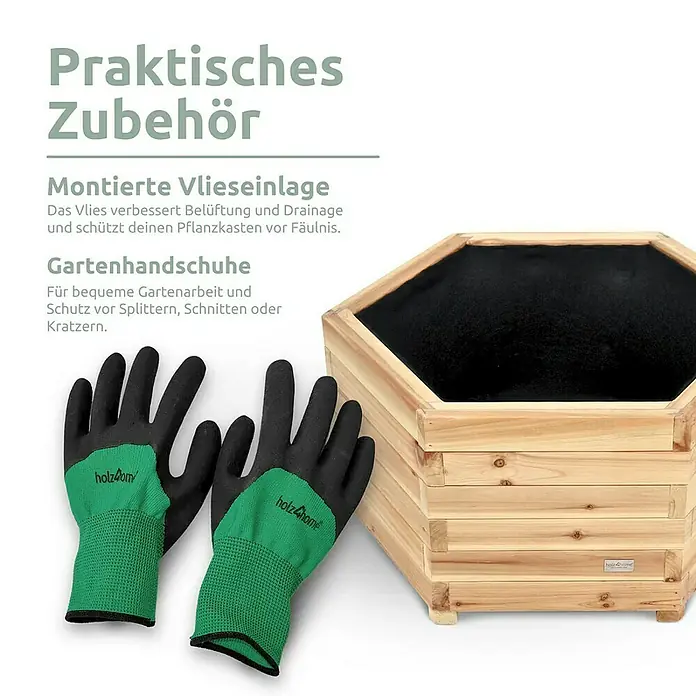 holz4home Pflanzkübel eckig - Holz - Das Bild zeigt Gartenhandschuhe und einen Pflanzkasten aus Holz, die als praktisches Zubehör für die Gartenarbeit dienen.