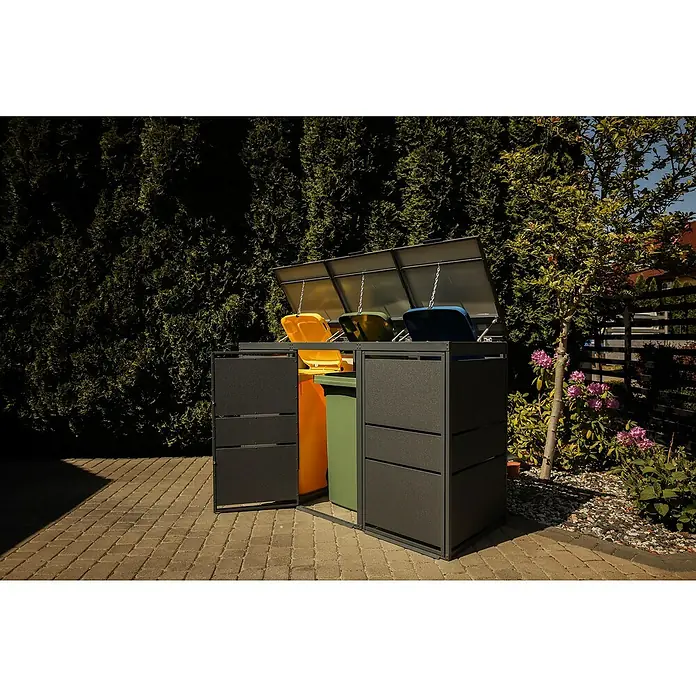 Mülltonnenbox Modern 120L - 236,6 x 70 cm, Stahl, Anthrazit, Geeignet für Anzahl Mülltonnen: 4 Stk. - Mülltonnenbox mit drei separaten Behältern für die Mülltrennung. Die Box hat eine Metallabdeckung und Türen für einfachen Zugriff.