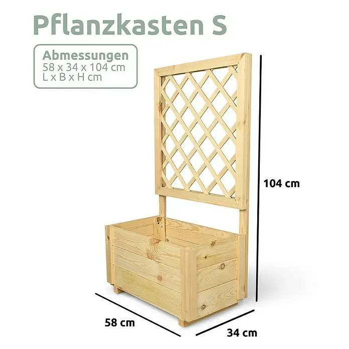 holz4home Pflanzkasten - Holz - Produktbild von einem hellbraunen Pflanzkasten S aus Holz mit Rankhilfe und den Maßen 58x34x104 cm.