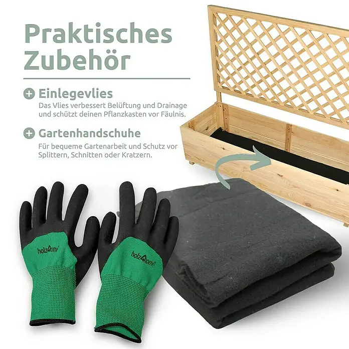 holz4home Pflanzkasten - Holz - Produktbild mit Gartenzubehör: Pflanzkasten mit Rankgitter, Gartenvlies und Arbeitshandschuhe.