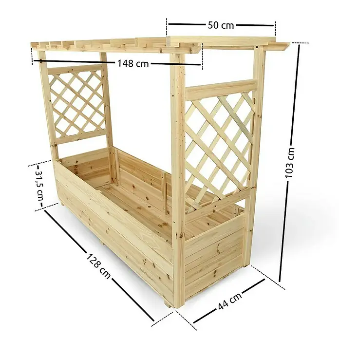 holz4home Pflanzkasten - Holz - Abbildung eines Holzpflanzkastens mit Rankgitter und den Maßen 128 x 44 x 103 cm.
