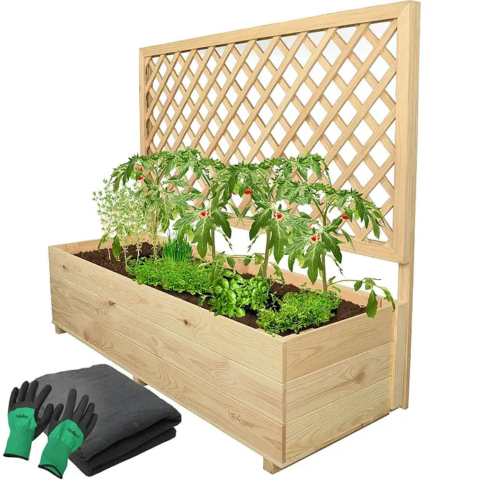 holz4home Pflanzkasten - Holz - Der Holzh4Home Hochbeet-Pflanzkasten mit Rankgitter bietet eine robuste Lösung für den Garten. Inklusive Gartenhandschuhe und Pflanzvlies.
