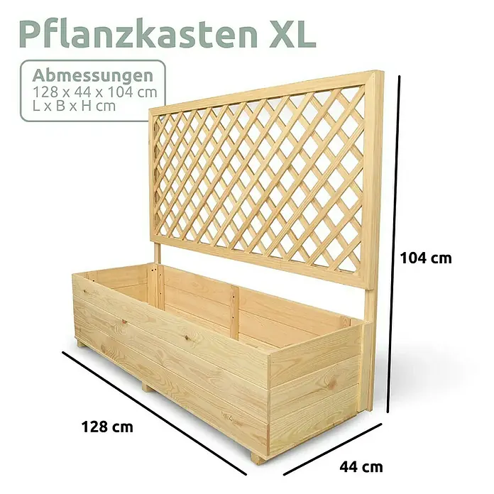 holz4home Pflanzkasten - Holz - Das Bild zeigt einen Pflanzkasten XL aus Holz mit Rankgitter und den Maßen 128 x 44 x 104 cm.