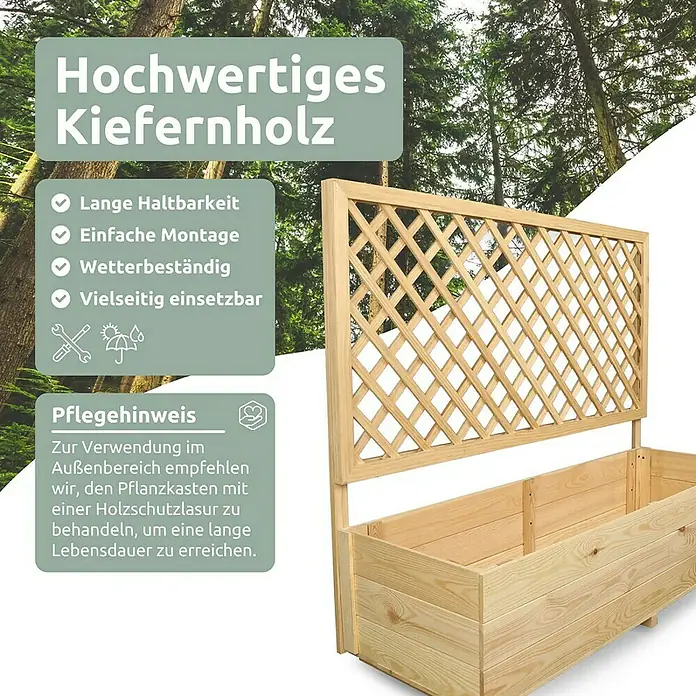 holz4home Pflanzkasten - Holz - Ein Hochbeet aus Kiefernholz mit Rankgitter, ideal für den Garten oder Balkon. Pflegehinweise und Produktvorteile im Überblick.