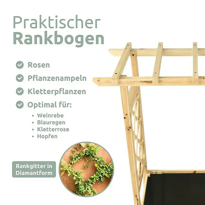 holz4home Pflanzkasten - Holz - Ein hölzerner Rankbogen mit Text, der die Vorteile und empfohlene Pflanzen wie Rosen und Kletterpflanzen hervorhebt.