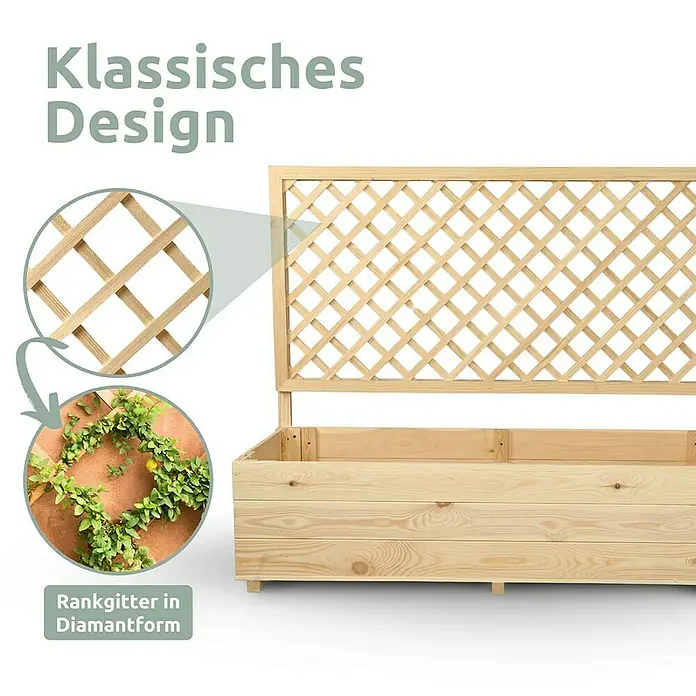 holz4home Pflanzkasten - Holz - Abbildung eines Hochbeets aus Holz mit Rankgitter im Diamantform, das ein klassisches Design aufweist und sich ideal für Garten und Terrasse eignet.